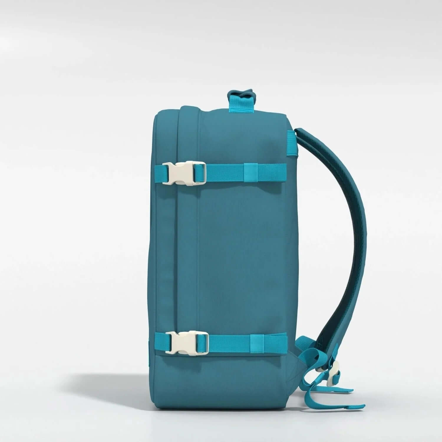 Cabinzero Classic Backpack 36L side view in teal color, featuring straps and buckles, ideal as a Corporate Gift.
