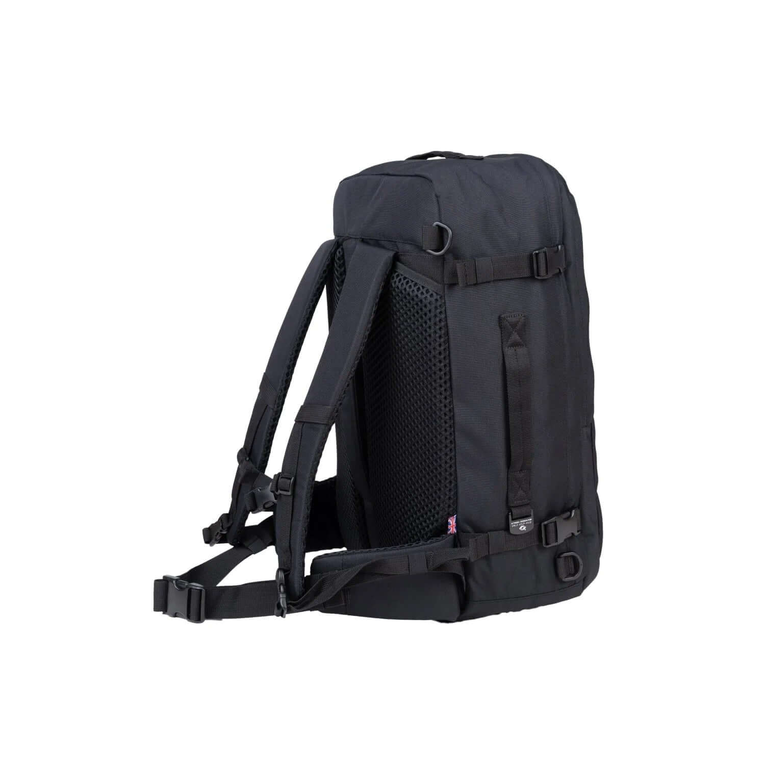 Cabinzero Classic Pro Backpack 42L side view showcasing padded straps, mesh back panel, and clamshell opening.