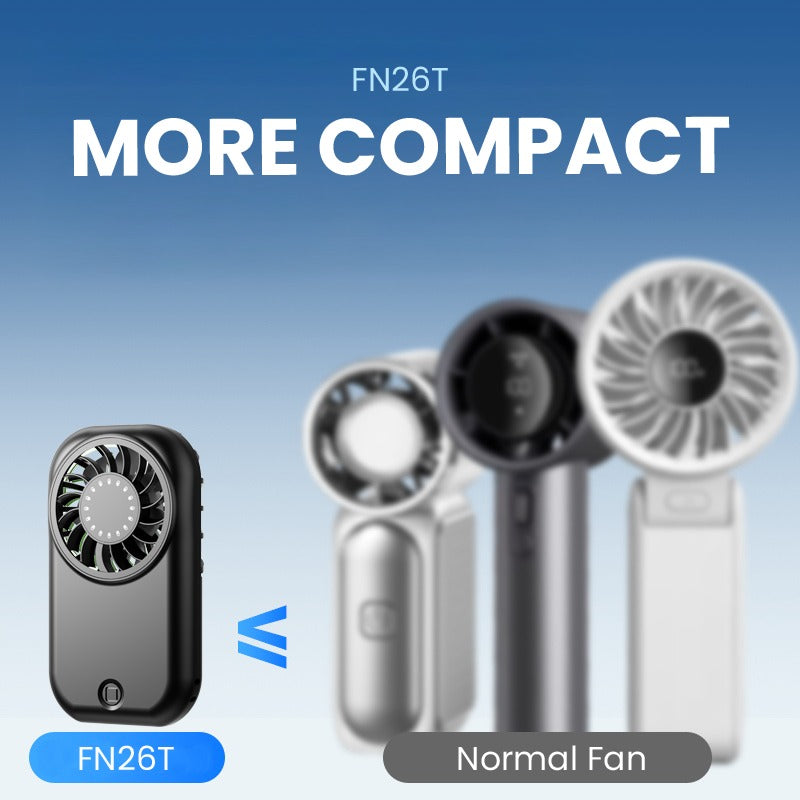 Typhoon Mini Turbo Fan alongside a normal fan, highlighting its compact design and 5-speed settings.
