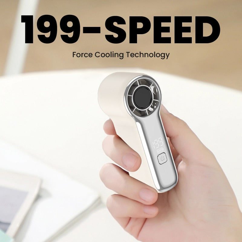 Typhoon Wind Mini Fan with 199 Speed in hand showcasing Force Cooling Technology