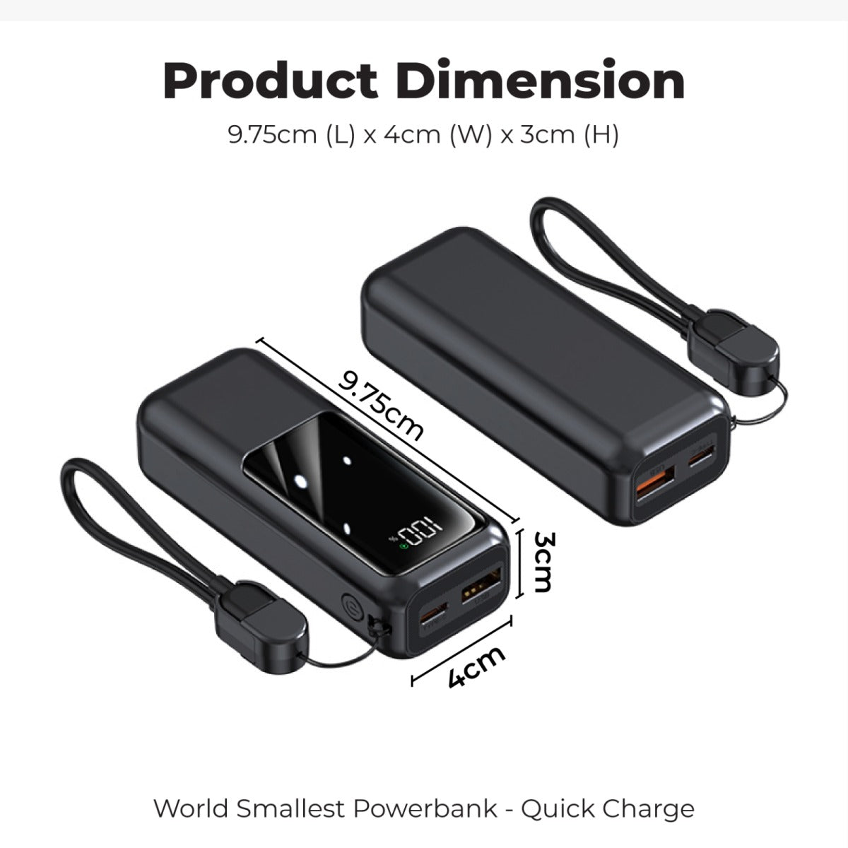 10000mAh World Smallest Powerbank QC3.0 + PD22.5W Super Quick Charge showing dimensions 9.75cm x 4cm x 3cm