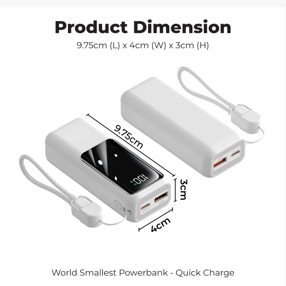 10000mAh World Smallest Powerbank QC3.0 + PD22.5W Super Quick Charge dimensions showing 9.75cm x 4cm x 3cm.