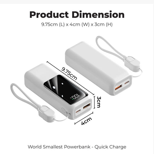 10000mAh World Smallest Powerbank QC3.0 + PD22.5W Super Quick Charge dimensions showing 9.75cm x 4cm x 3cm.