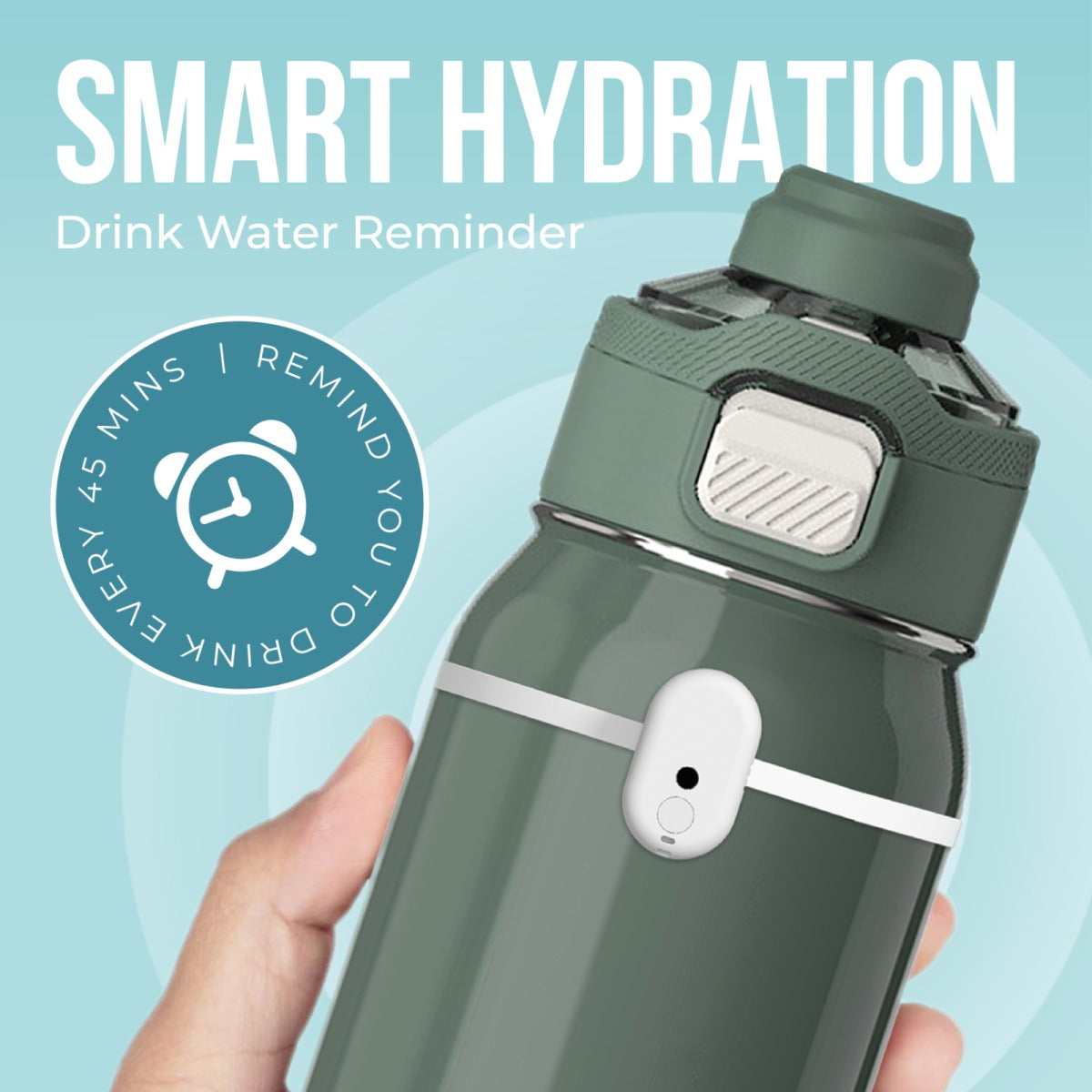 Drink Water Reminder Device on a stylish water bottle for smart hydration reminders every 45 minutes.