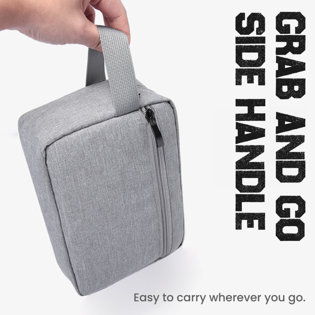 Gadget and Sanitary Pouch in grey with side handle, ideal for corporate gifts and easy to carry.