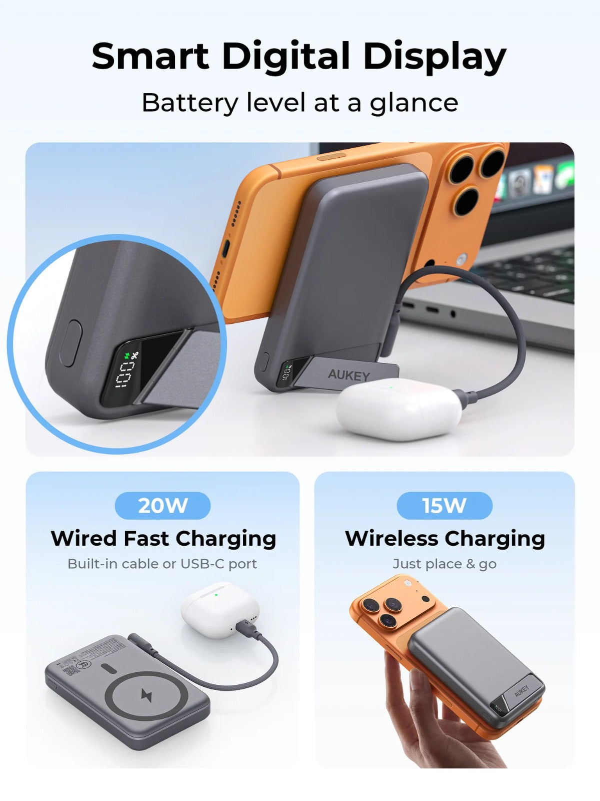 Aukey PB-MS20 MagFusion Vista 10000mAh 15W Wireless Power Bank w Built in Cable CCC Certified