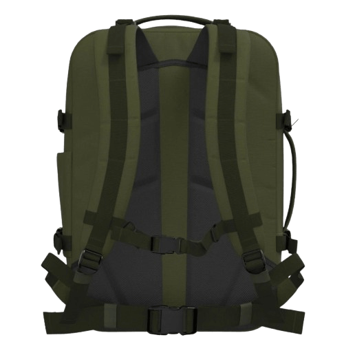Cabinzero Military Cabin Bag With Luggage Trackers 44L featuring a sturdy back design and adjustable straps.