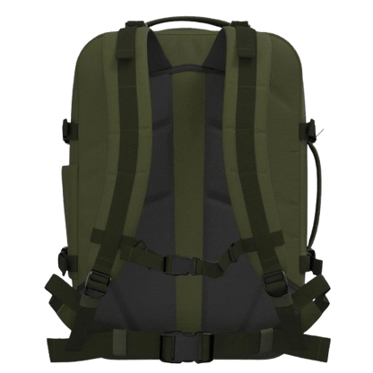 Cabinzero Military Cabin Bag With Luggage Trackers 44L featuring a sturdy back design and adjustable straps.