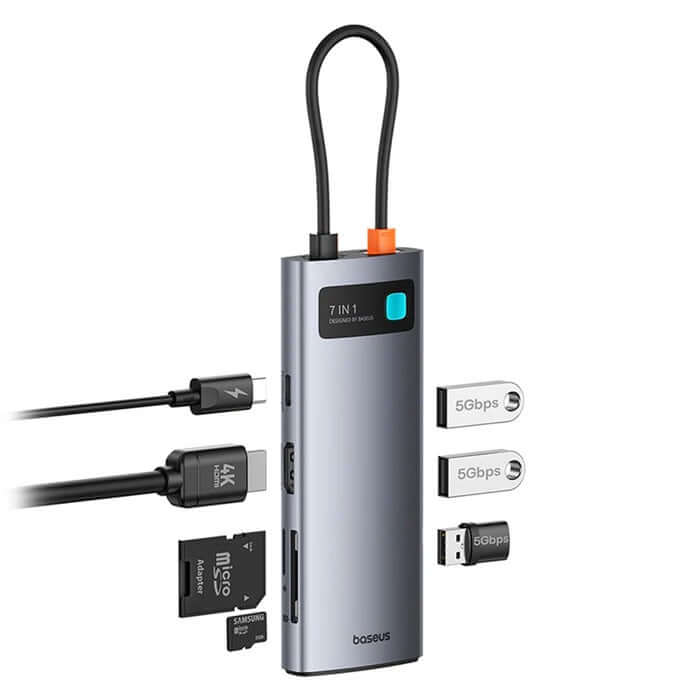 Baseus Joystar 7 in 1 USB-C Hub with multiple ports and card reader for seamless multitasking.