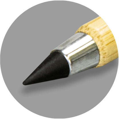 Close-up of the Infinity Inkless Bamboo Pen's metal alloy nib on a grey background.
