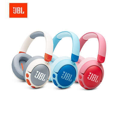 JBL Junior 470NC Wireless On-Ear Headphones in gray, blue, and pink colors with safe volume features.