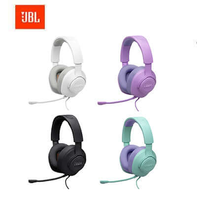 JBL Quantum 100M2 Wired Gaming Headset in four colors: white, lavender, black, and teal.