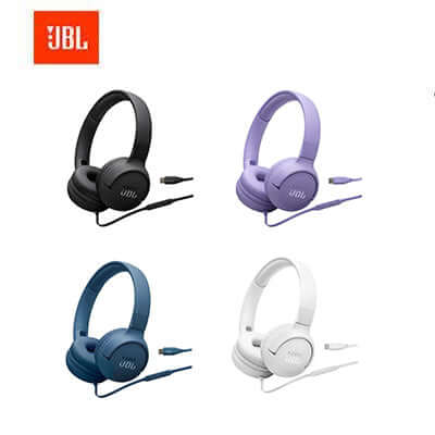 JBL Tune 520C USB-C Wired on-ear Headphones in black, purple, blue, and white for corporate gifts.
