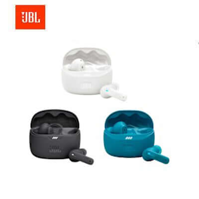 JBL Tune Beam 2 Wireless Earbuds in black, white, and teal with charging case, ideal Corporate Gift Singapore.