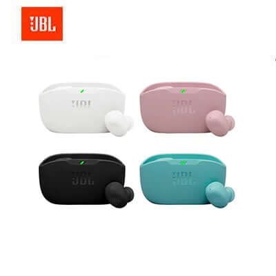 JBL Wave Buds 2 Wireless Earbuds in white, black, pink, and blue with logo.