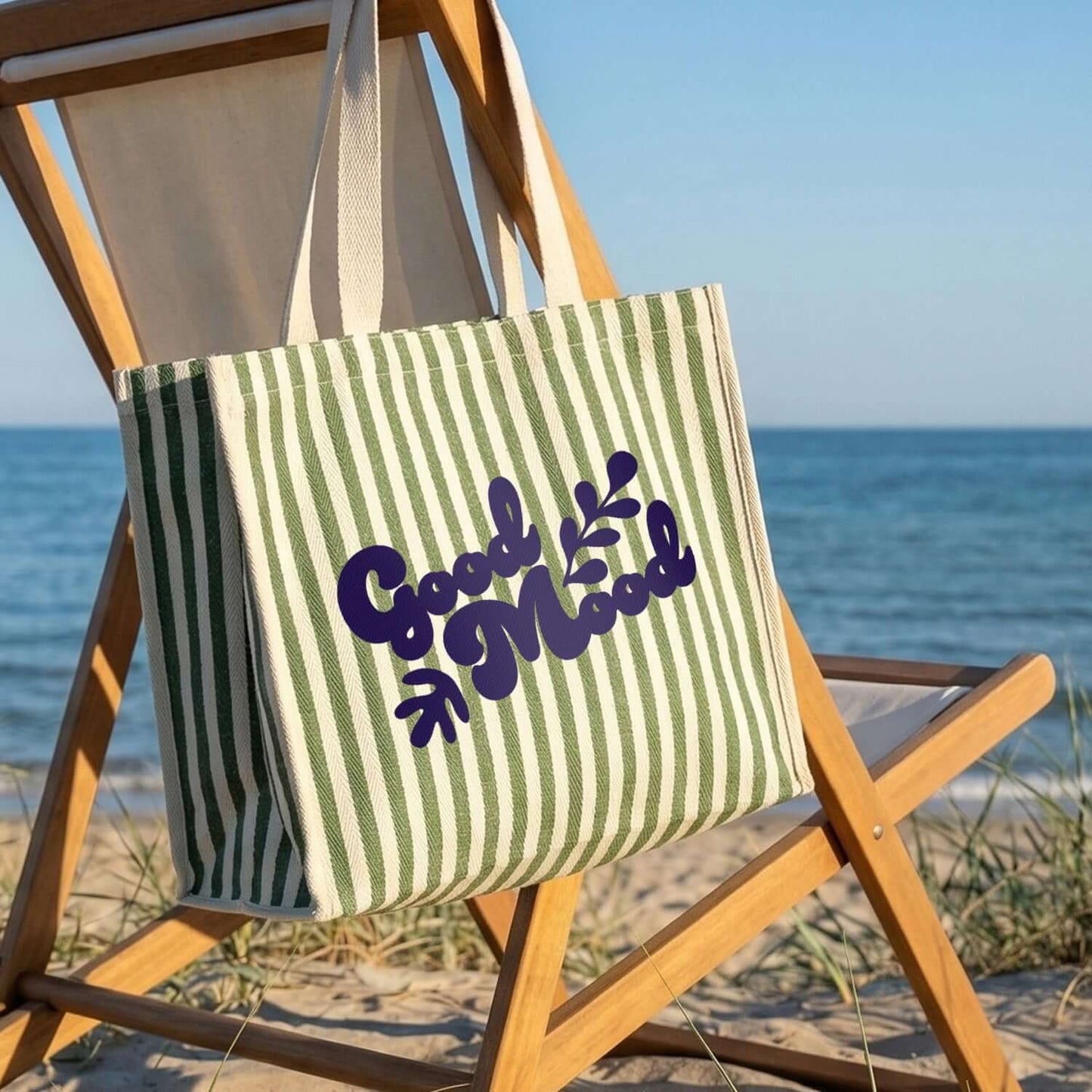 Keepsake Beach Tote Bag in green stripe design, perfect beach accessory for corporate gift and leisure.