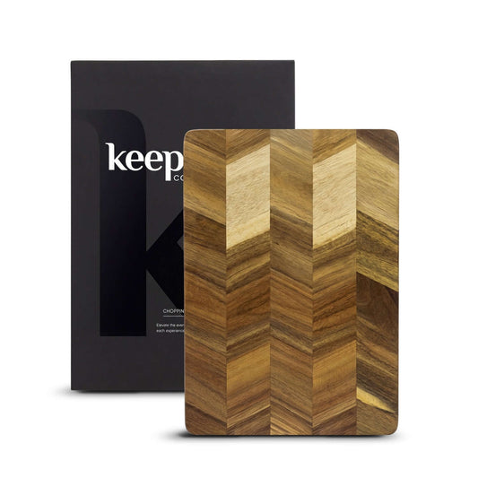 Keepsake Chopping Board with elegant chevron pattern and natural gift box, perfect as a corporate gift.