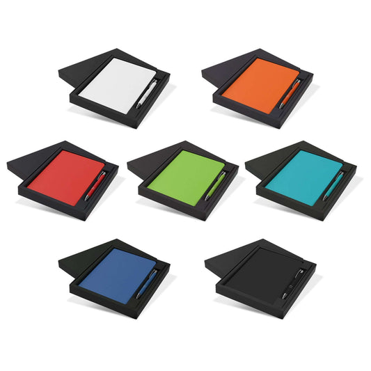 Kingston Notebook and Pen Gift Set featuring various colored notebooks with pens, ideal for corporate gifts.