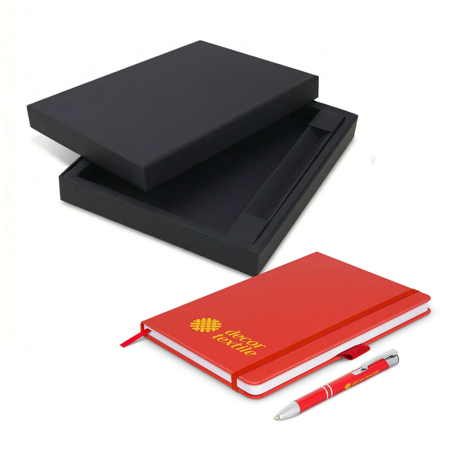 Kingston Notebook and Pen Gift Set featuring a red notebook and a sleek pen in a black gift box.