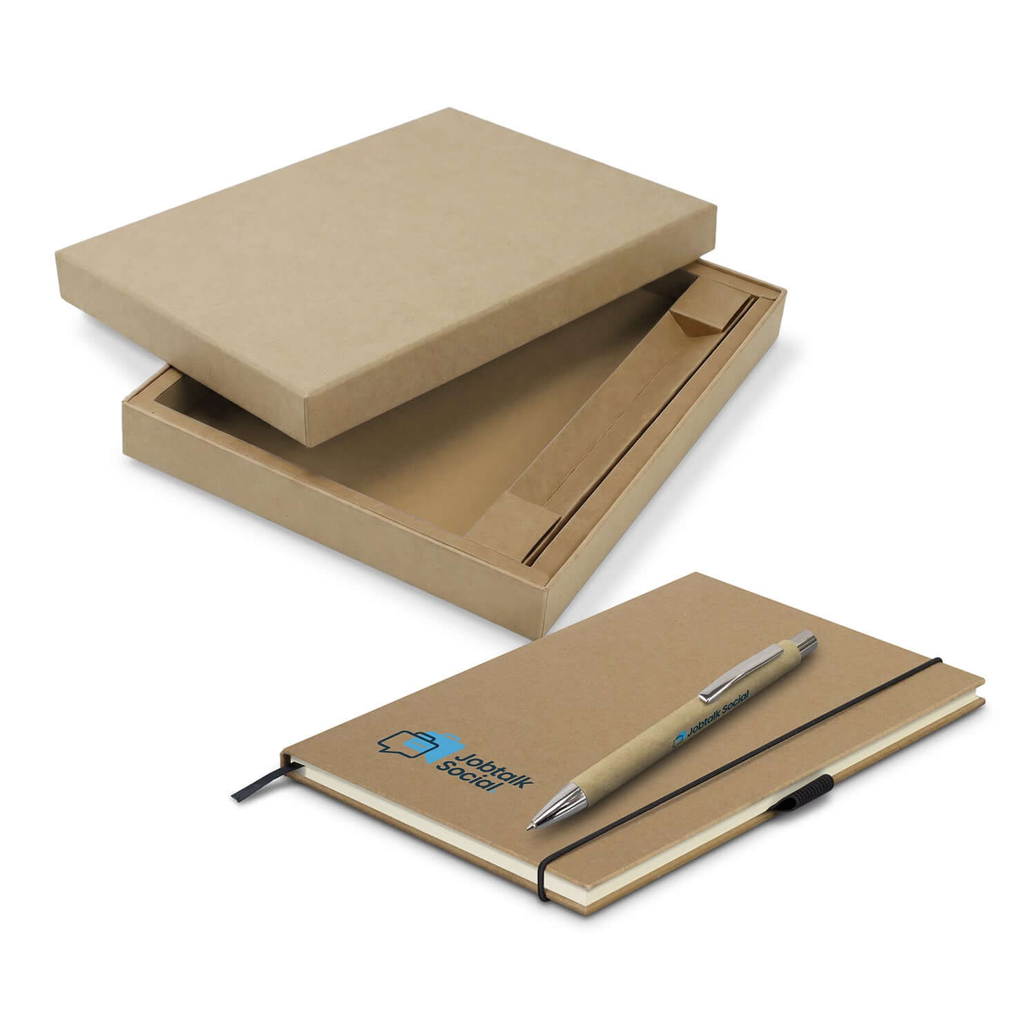 Kraft Notebook and Pen Gift Set in packaging with a kraft notebook and ballpoint pen on display.