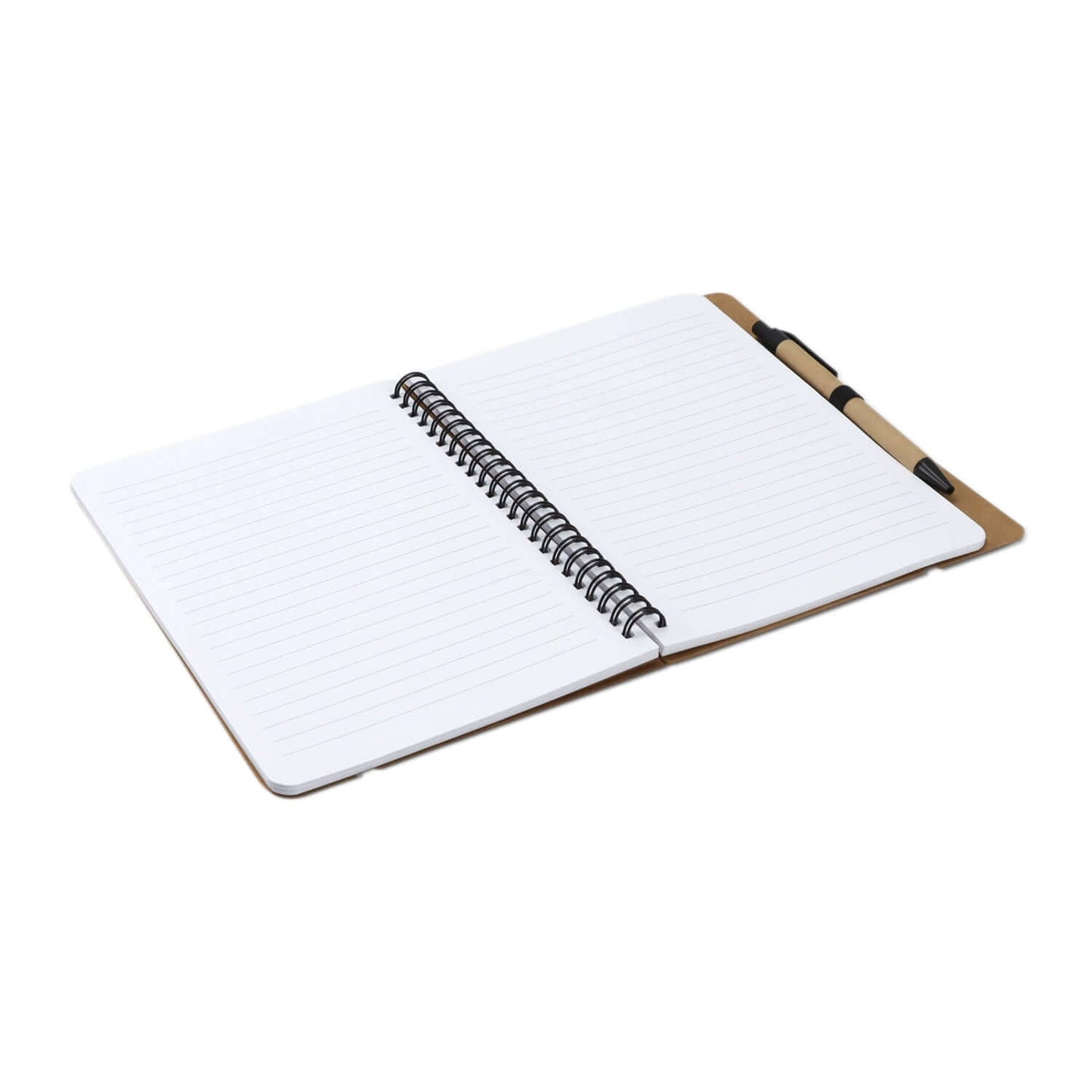 Kraft Notebook with Notes and Flags opened to lined pages, featuring wire binding and a kraft cardboard cover.
