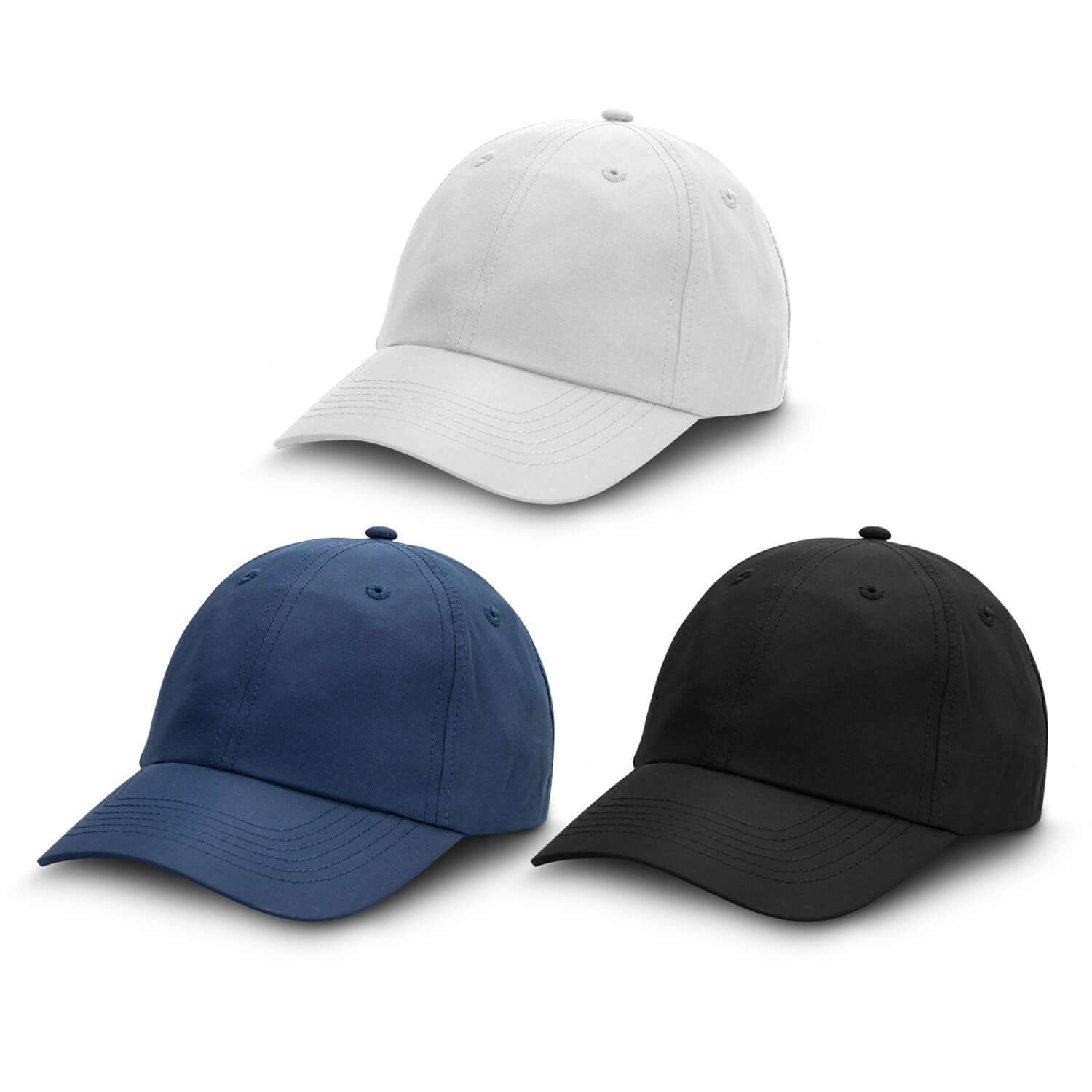 Lane Recycled Cap in white, navy, and black, made from GRS certified recycled polyester for sustainable corporate gifts in Singapore.