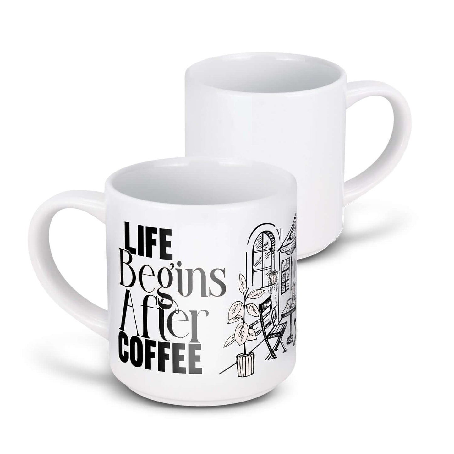Arista Stackable Coffee Mug with a design that says 'Life Begins After Coffee'