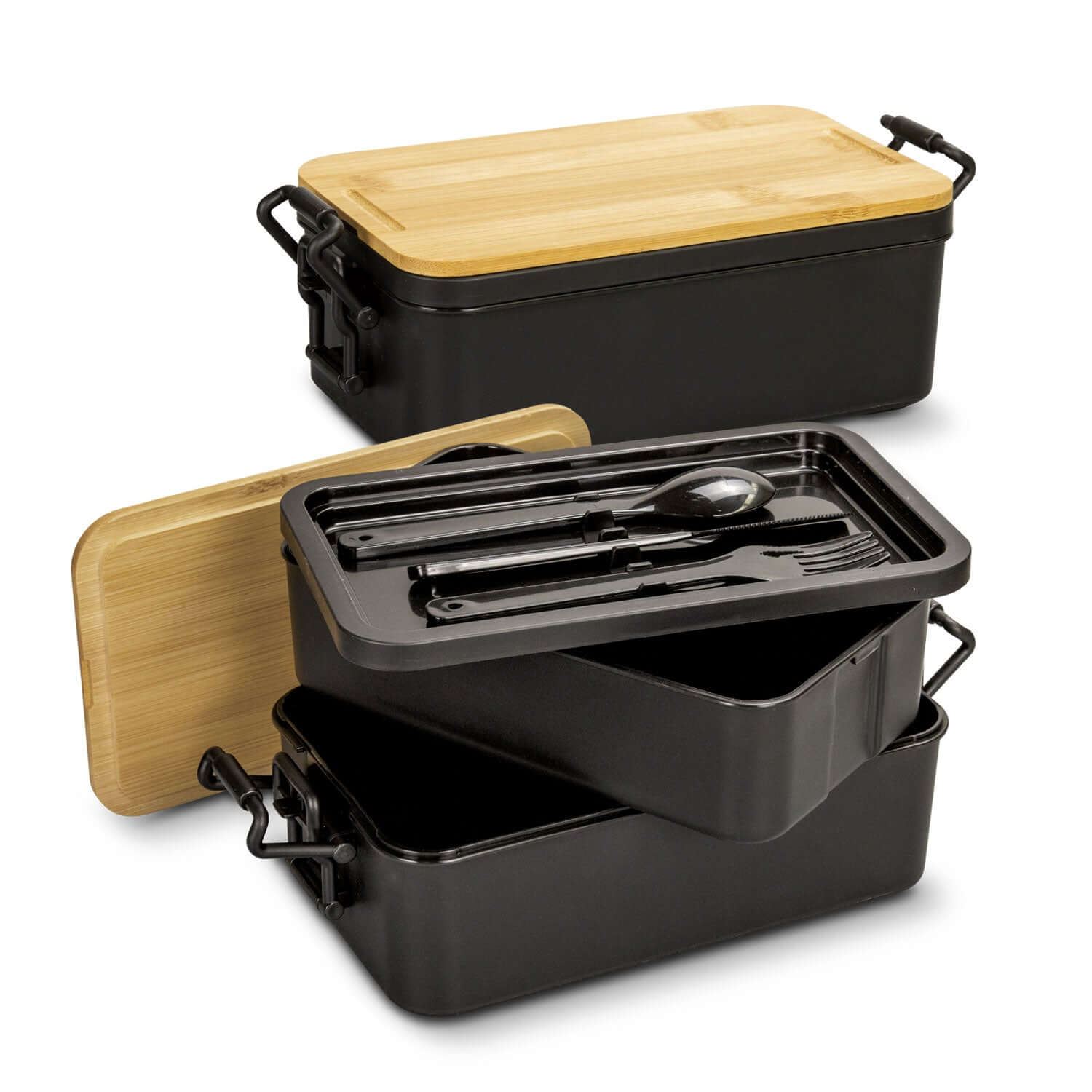 Luncheon Expandable Lunch Box with bamboo lid and utensils, showcasing its expandable design and compact storage.