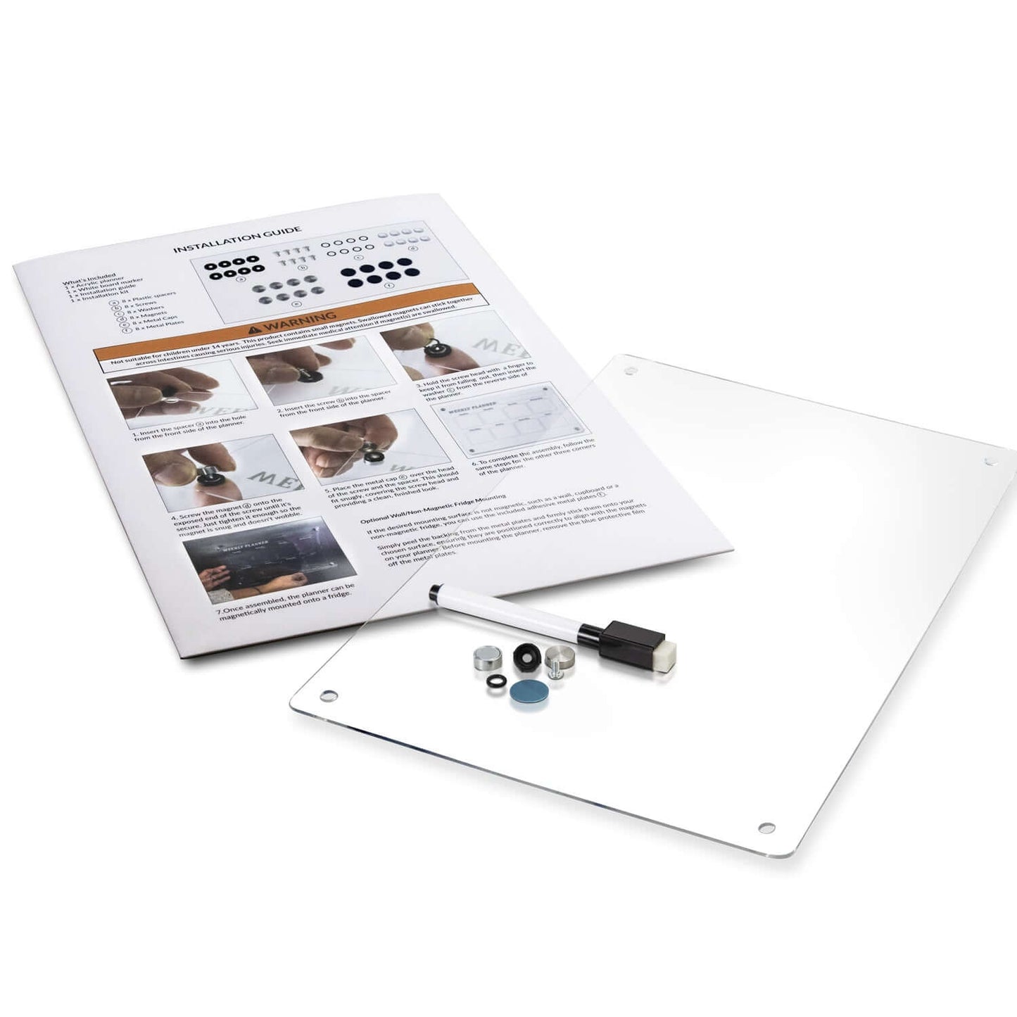 Magnetic Fridge Planner components including clear acrylic surface, dry-erase marker, and accessories for planning.