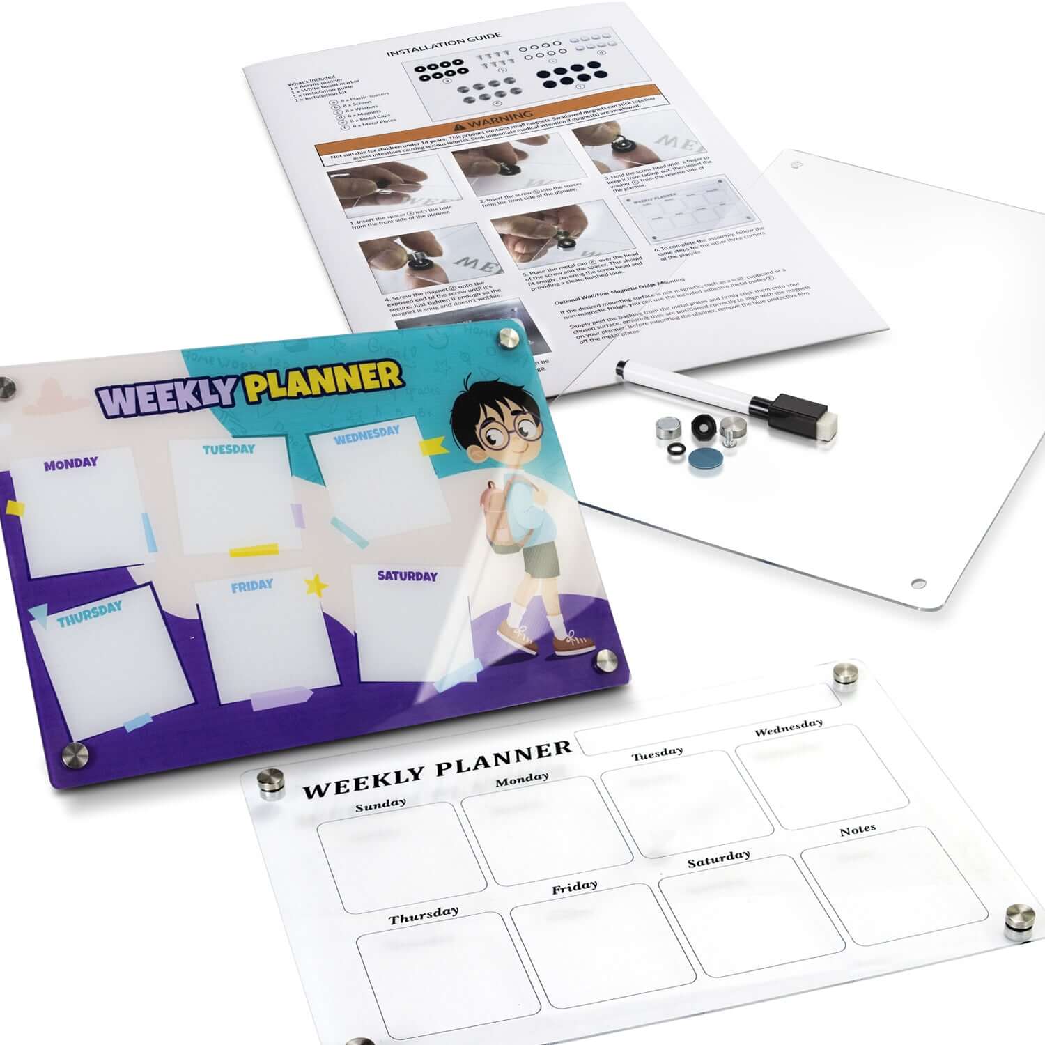 Magnetic Fridge Planner with clear acrylic surface, colorful weekly layout, and accessories, ideal for corporate gift Singapore.