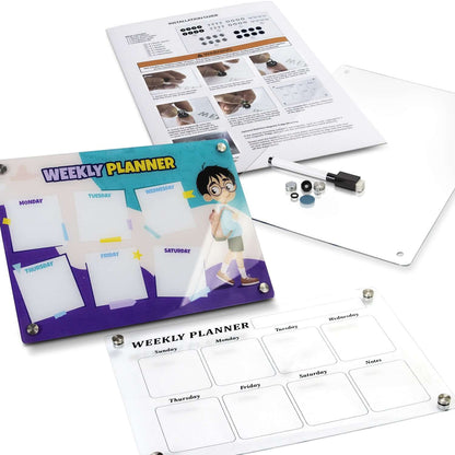 Magnetic Fridge Planner with clear acrylic surface, colorful weekly layout, and accessories, ideal for corporate gift Singapore.