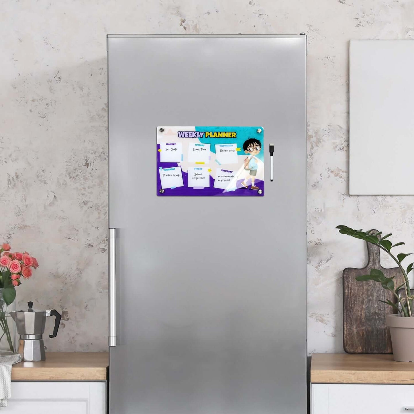 Magnetic Fridge Planner showcased on a fridge, ideal for meal planning and grocery lists, a perfect corporate gift Singapore.