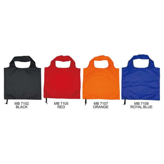 Nylon 420D Foldable Bag in four colors: black, red, orange, and royal blue.