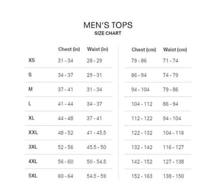 Men's tops size chart displaying chest and waist measurements for various sizes including XS to 5XL.