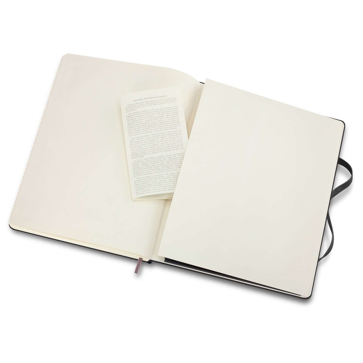 Open view of Moleskine Classic Hard Cover Notebook - Extra Large with blank ivory pages and a bookmark.