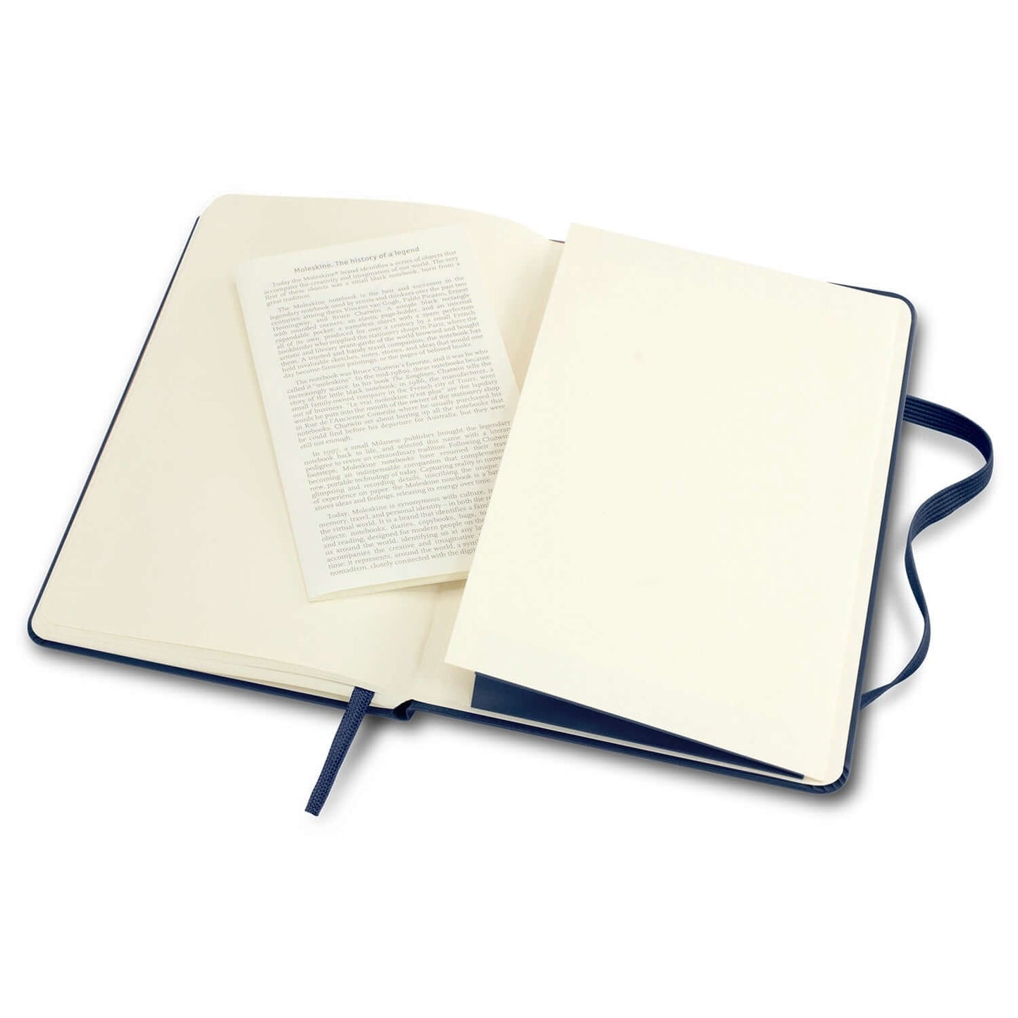 Moleskine Classic Hard Cover Notebook - Medium opened with elastic closure and ribbon bookmark for note-taking.