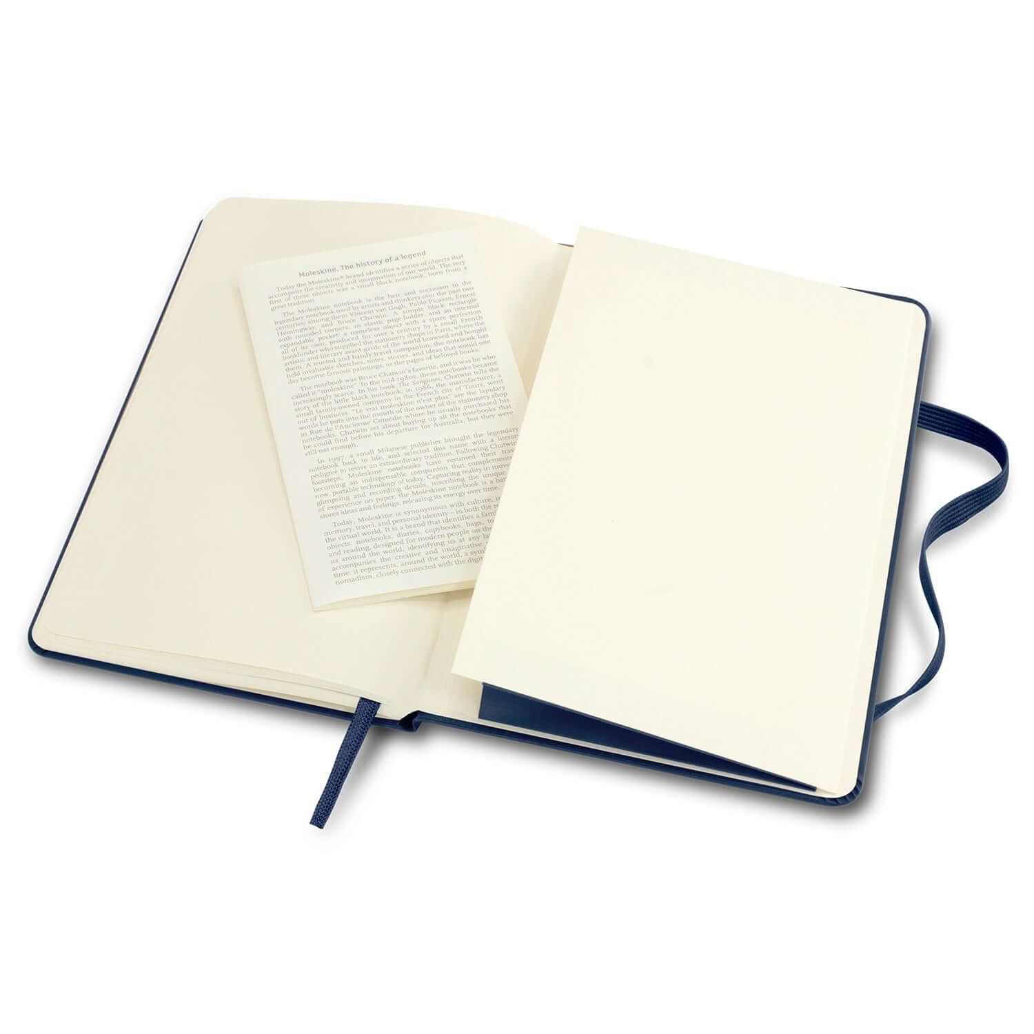 Moleskine Classic Hard Cover Notebook - Medium opened with elastic closure and ribbon bookmark for note-taking.