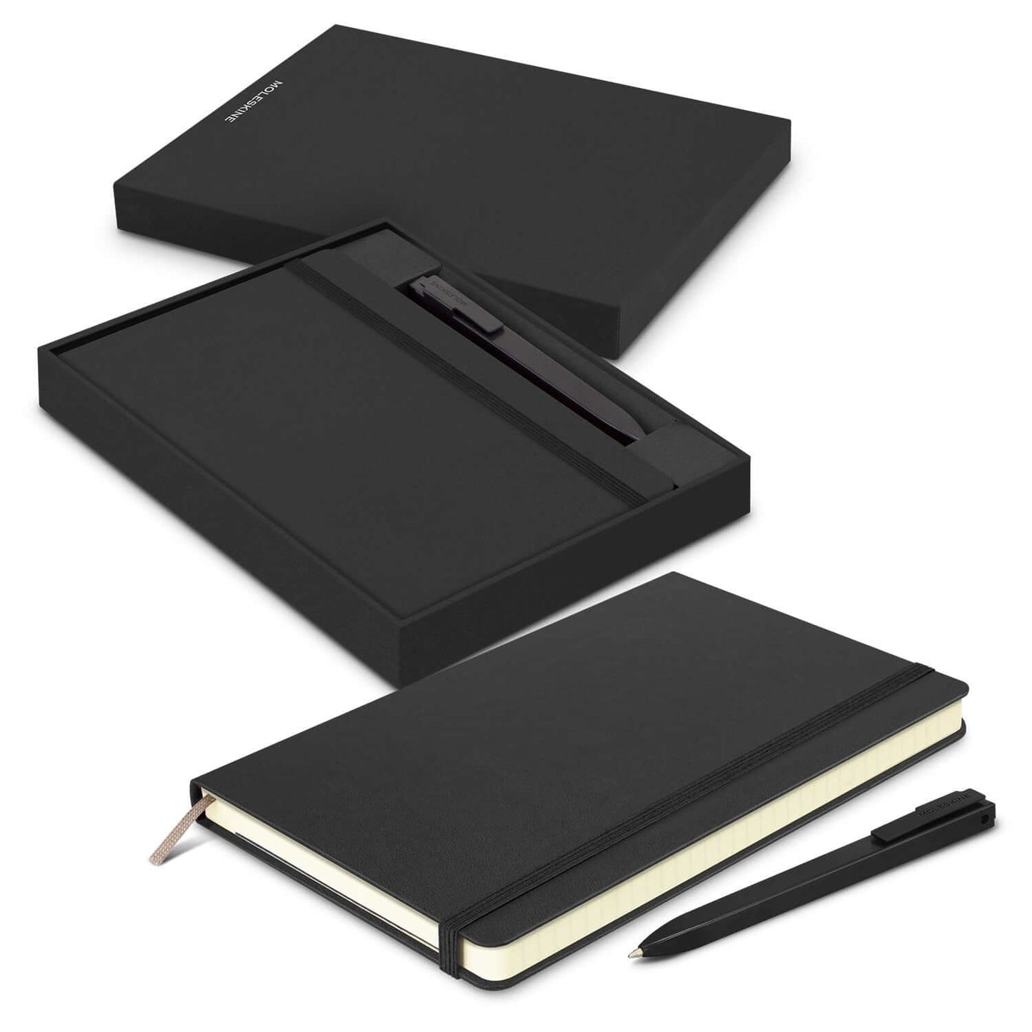 Moleskine Notebook and Pen Gift Set in a sleek black box with a classic notebook and pen.