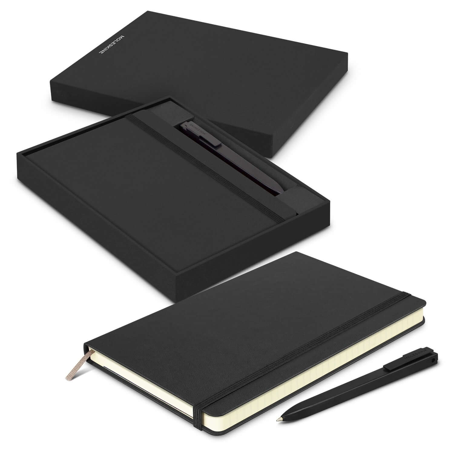 Moleskine Notebook and Pen Gift Set in a sleek black box with a classic notebook and pen.