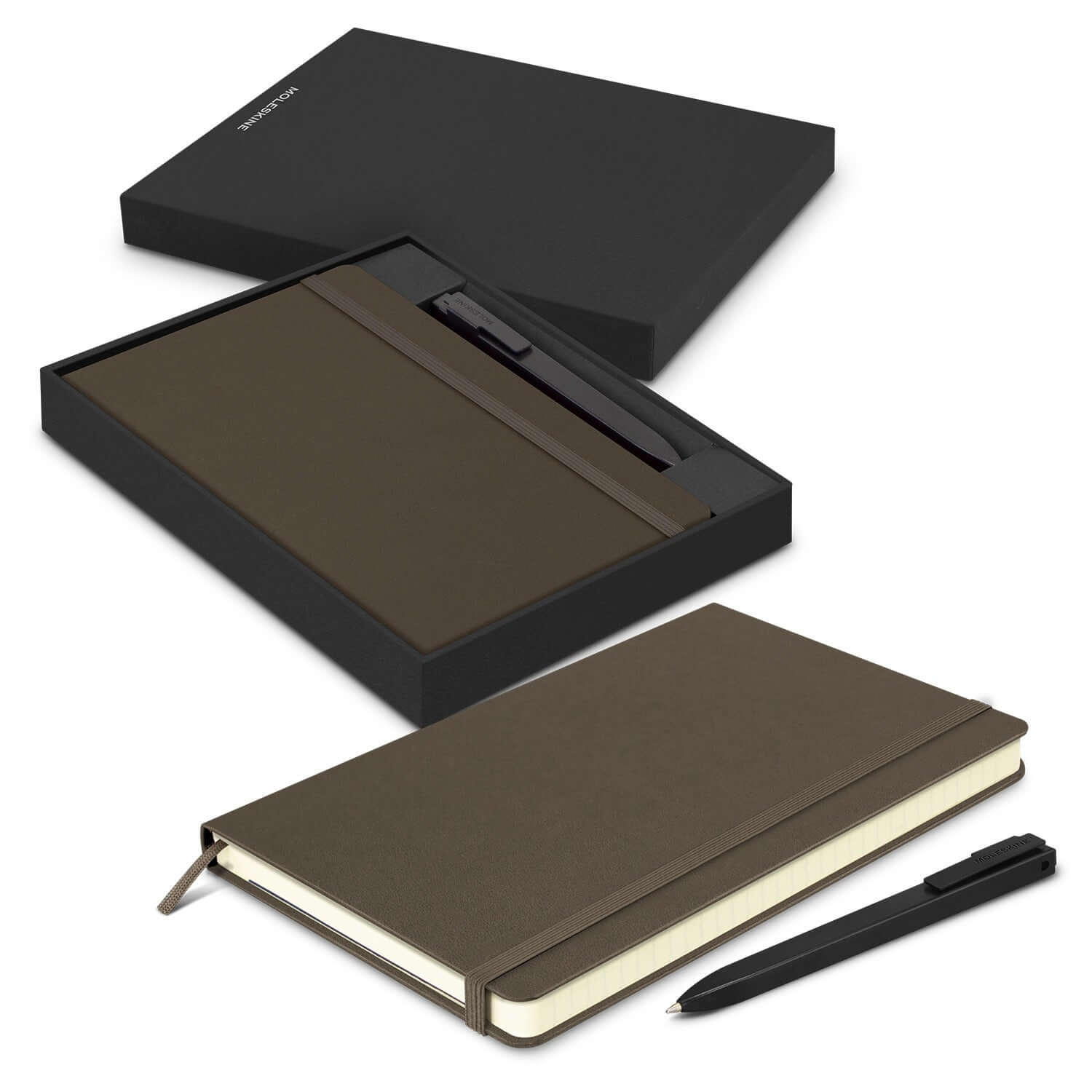 Moleskine Notebook and Pen Gift Set in a sleek black box, showcasing premium A5 notebook and pen.