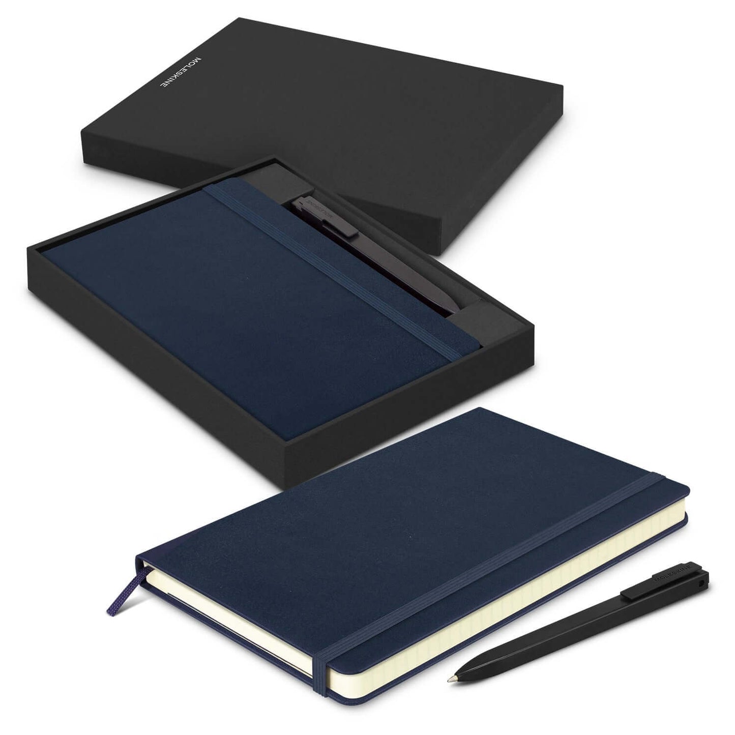 Moleskine Notebook and Pen Gift Set in a sleek black box with a navy hardcover notebook and pen.