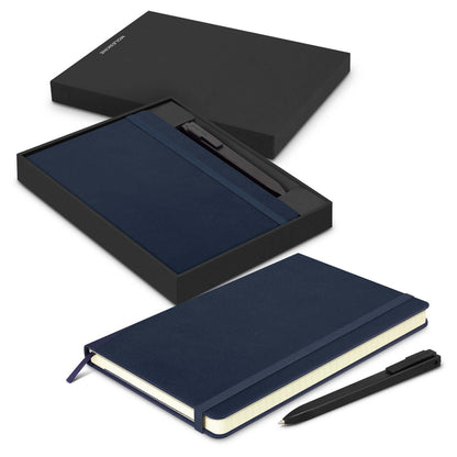 Moleskine Notebook and Pen Gift Set in a sleek black box with a navy hardcover notebook and pen.