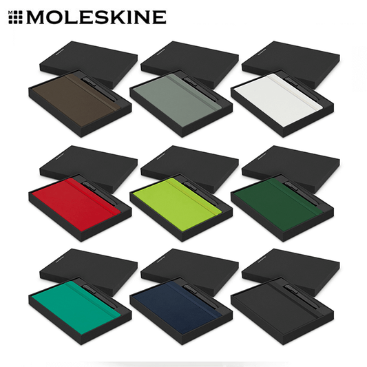 Moleskine Notebook and Pen Gift Set displayed in various colors and styles, ideal for corporate gift giving.