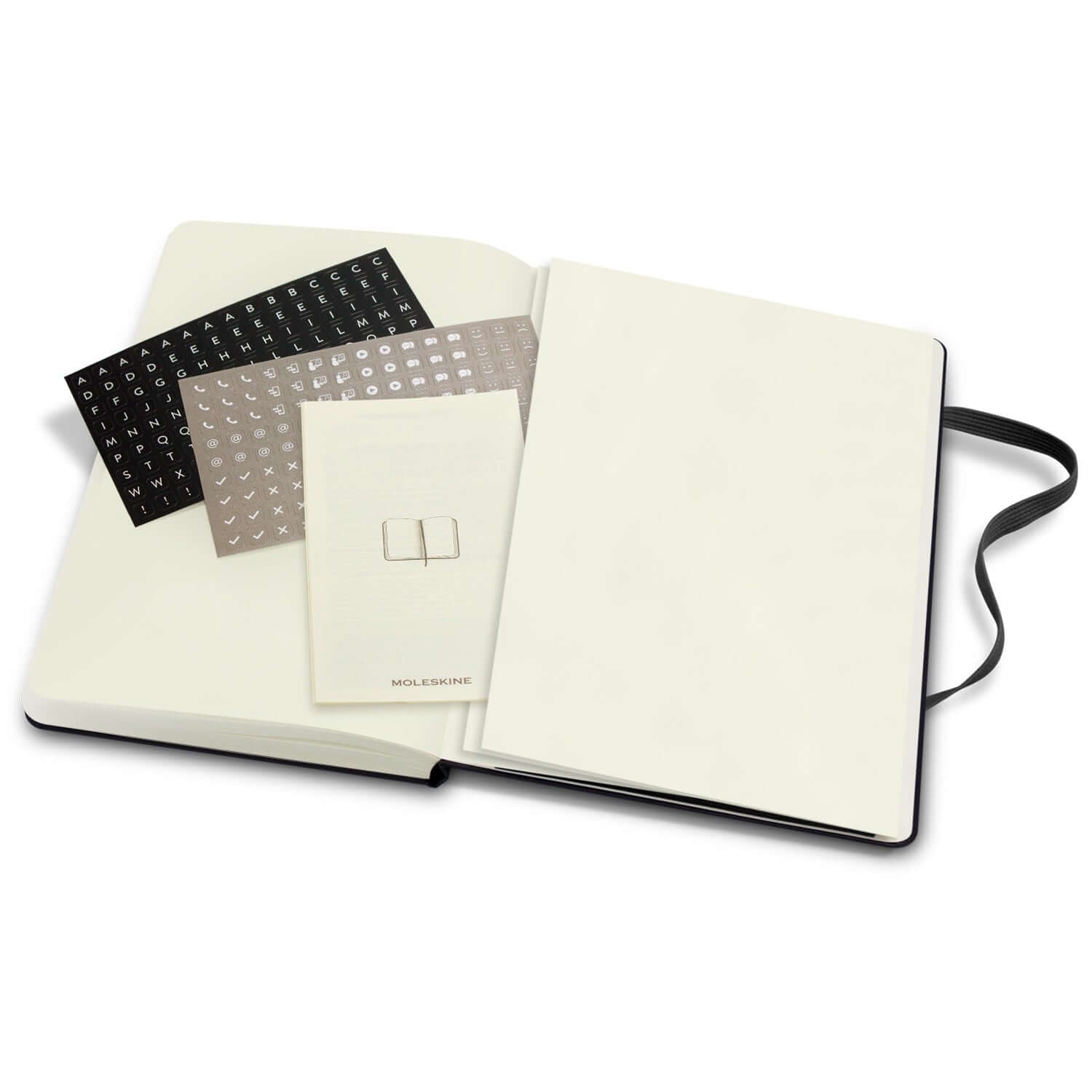 Moleskine Pro Hard Cover Notebook - Large open, featuring blank pages, stickers, and elastic closure, ideal for corporate gifts.