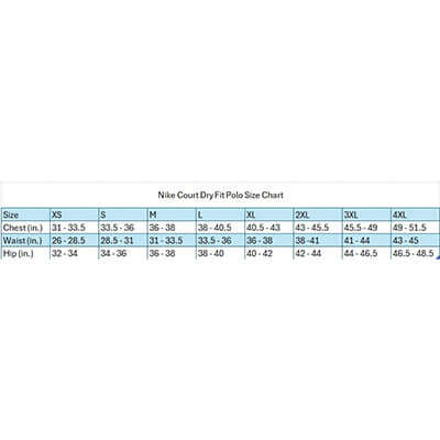 Nike Court Dry Fit Polo size chart detailing sizes from XS to 4XL with measurements for chest, waist, and hip.