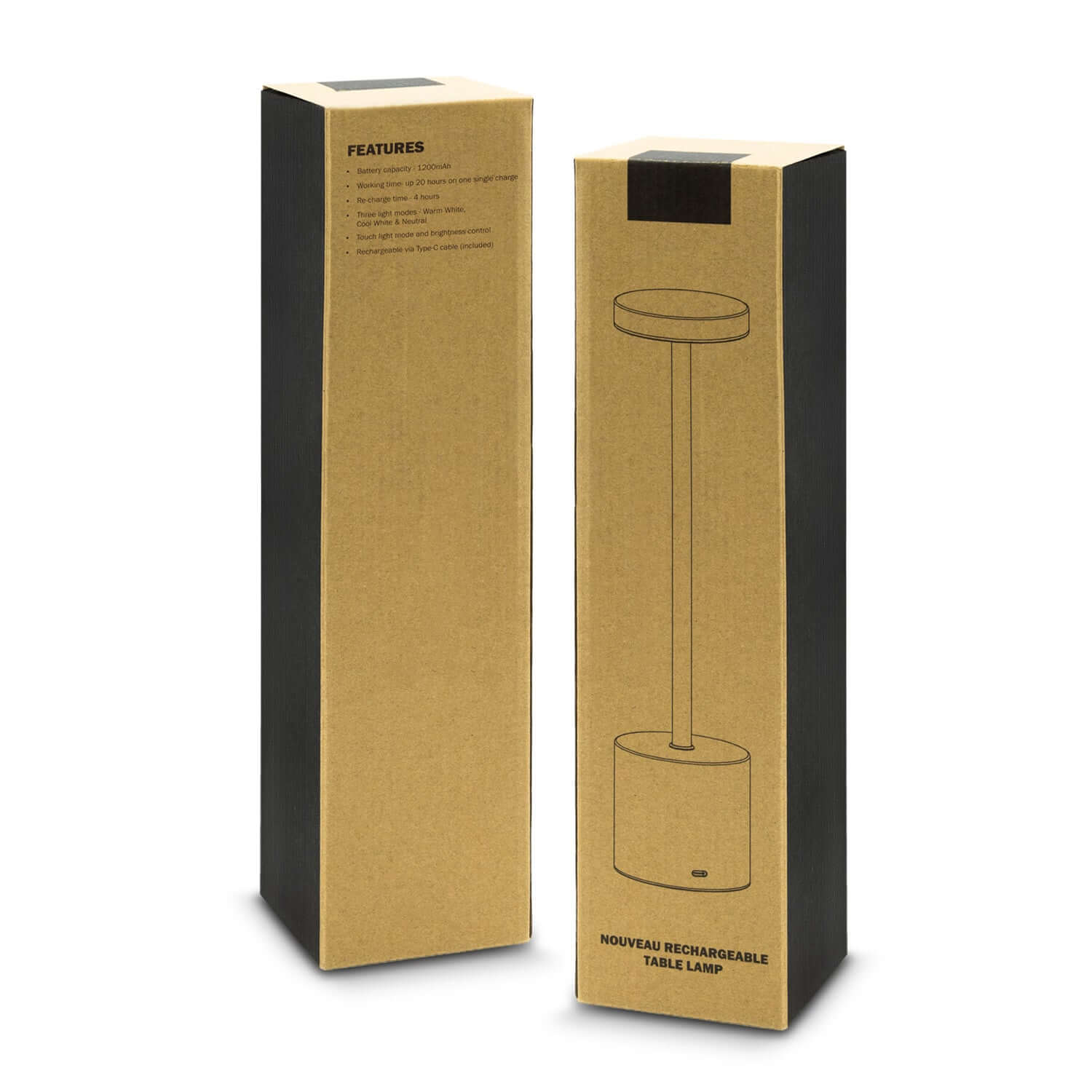 Nouveau Rechargeable Table Lamp packaging showcasing its features and sleek design.