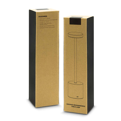 Nouveau Rechargeable Table Lamp packaging showcasing its features and sleek design.