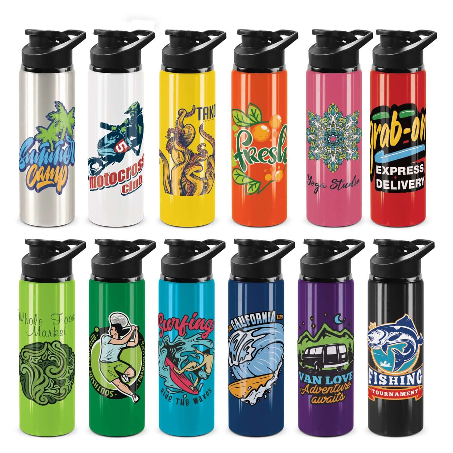 Various Oasis Bottles with Snap Cap showcasing vibrant designs, ideal for corporate gifts and hydration.