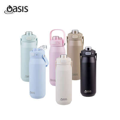 Oasis Ceramic Stainless Steel Triple Wall Capri Quick Release Drink Bottle 750ML in various colors.