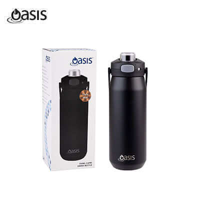 Oasis Ceramic Stainless Steel Triple Wall Capri Quick Release Drink Bottle 750ML in black packaging.